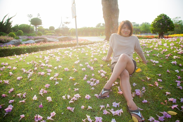 Woman sitting on lawn