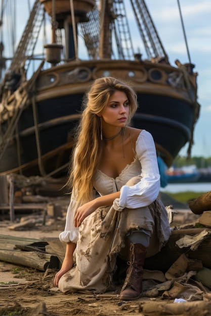 Photo a woman sitting on a log near a boat