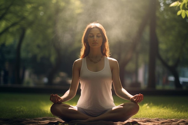 a woman sitting in a lotus position in a park