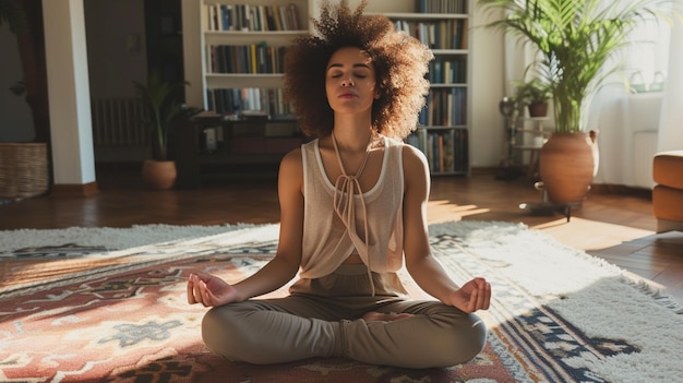 Photo a woman sitting in a lotus position on a rug