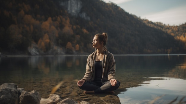 woman sitting in lotus position on the shore of a lake generative ai