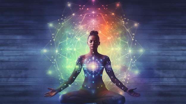 Woman sitting in a lotus position with her hands open and glowing lights above her generative ai