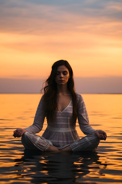 Woman sitting in lotus position yoga in nature meditation fantasy relaxation