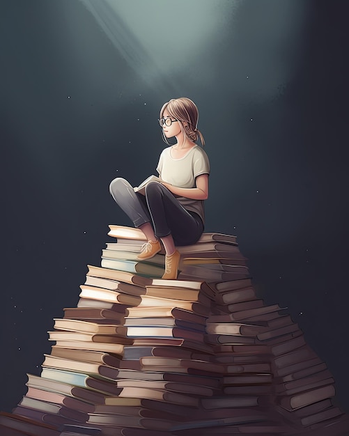 Foto donna seduta e meditando su una pila di libri copia lo spazio creato con la tecnologia generativa ai