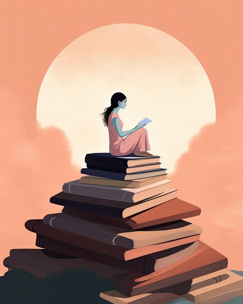 Woman sitting and meditating on pile of books copy space created with Generative AI technology