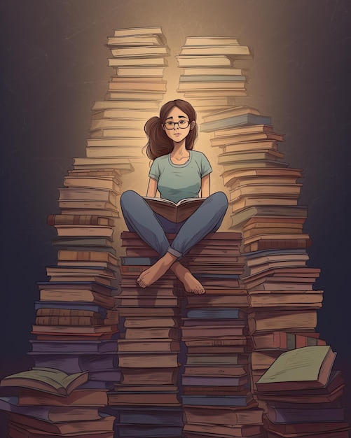 Woman sitting and meditating on pile of books copy space created with Generative AI technology