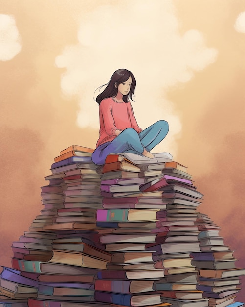 Woman sitting and meditating on pile of books copy space created with Generative AI technology