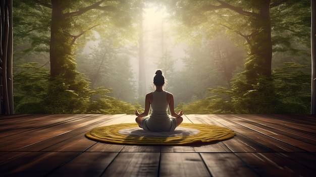 Woman sitting in meditation in forest