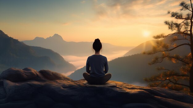 Женщина сидит в медитации на склоне горы, когда солнце садится на расстоянии