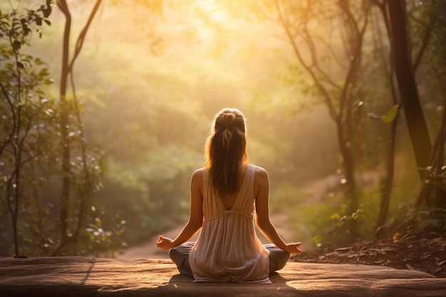 a woman sitting in a meditation position in the woods