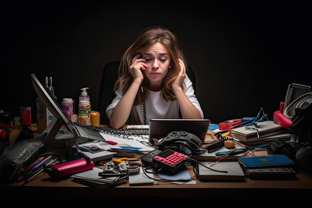 A woman sitting at a messy desk with a laptop