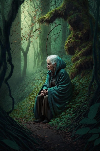 Woman sitting in the middle of a forest generative ai