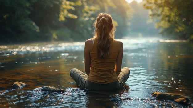 Woman Sitting in Middle of River