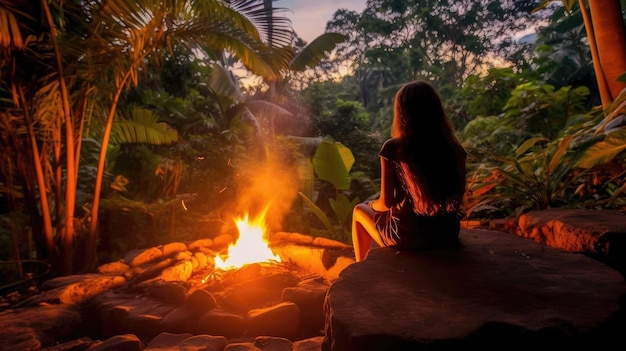 a woman sitting near a bonfire seeking warmth amidst the lush tropical forest