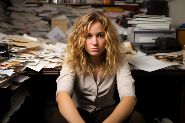 Photo woman sitting at office desk generative ai