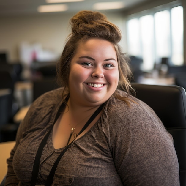 a woman sitting in an office smiling at the camera