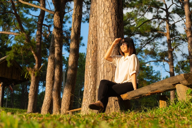 写真 木材に座っている女性