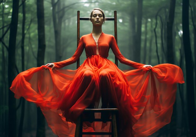 写真 森林の木製のベンチに座っている女性が ⁇ 赤い流れる絹のドレスを着ています ⁇
