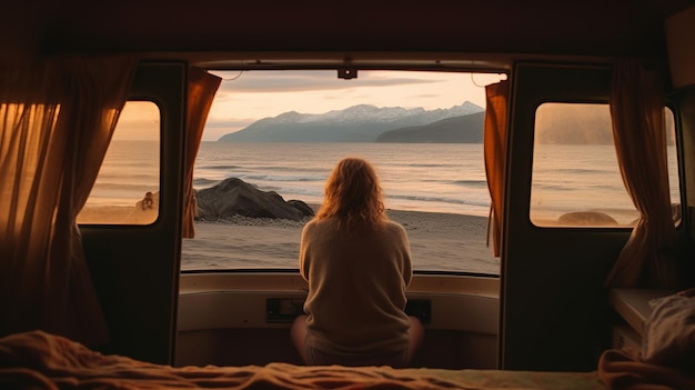 a woman sitting in an open van looking at the ocean