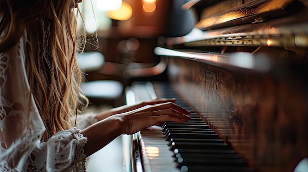 Woman Sitting at Piano in Dark Room