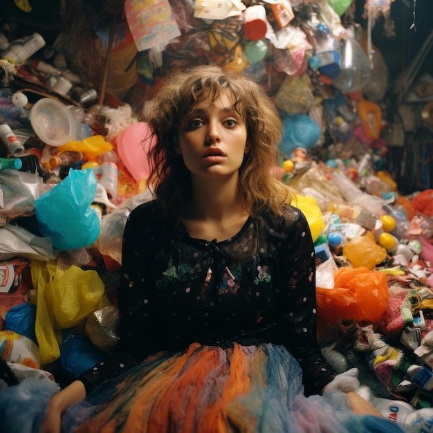 Photo a woman sitting in a pile of plastic