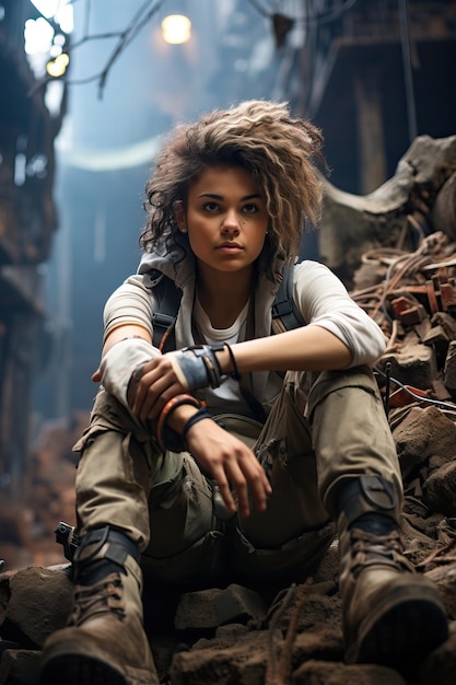 a woman sitting on a pile of rubble