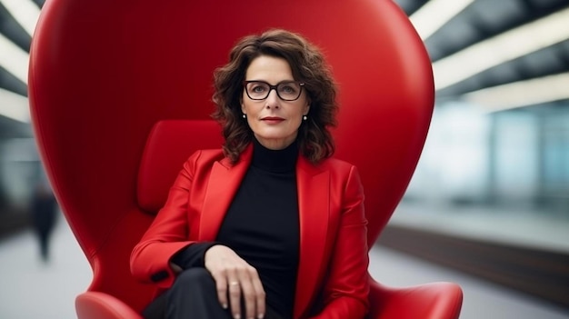 A woman sitting in a red chair in a room