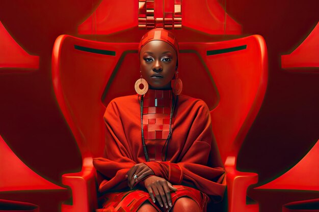 빨간색 바탕의 빨간색 의자에 앉아 있는 여자