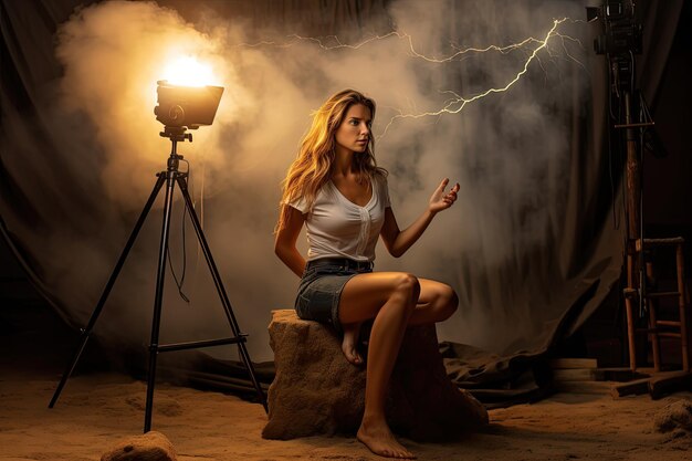 A woman sitting on a rock in front of a camera