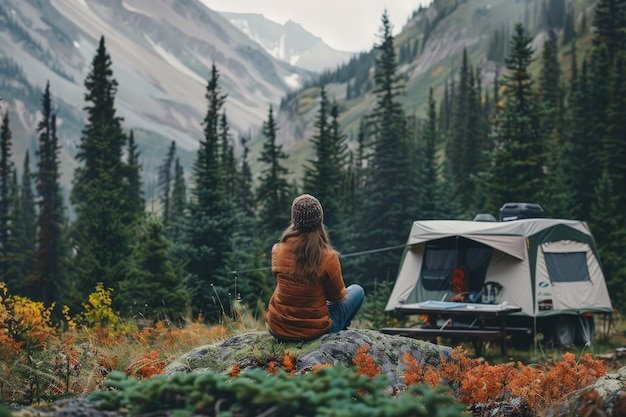 A woman sitting on a rock in front of a tent