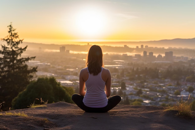 a woman sitting on a rock looking at the sunset