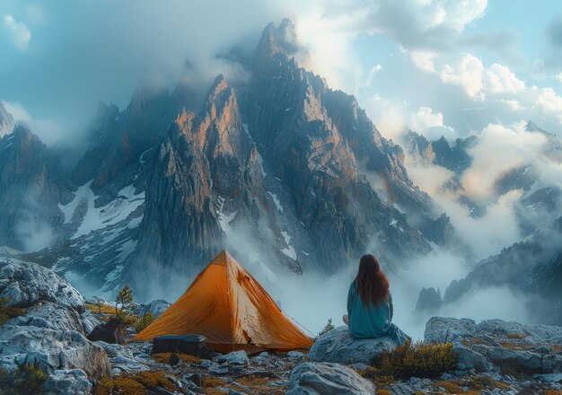 Woman sitting on rock and looking at tent in the mountains