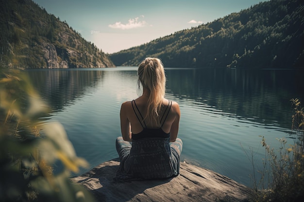 woman sitting on a rock in the mountains