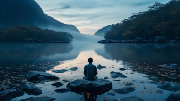 Woman Sitting on Rock in Water