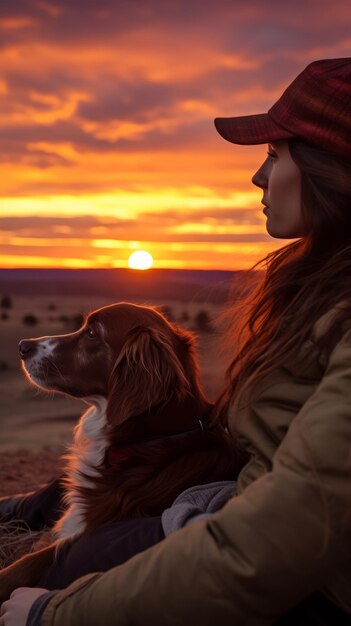 a woman sitting on a rock with her dog at sunset