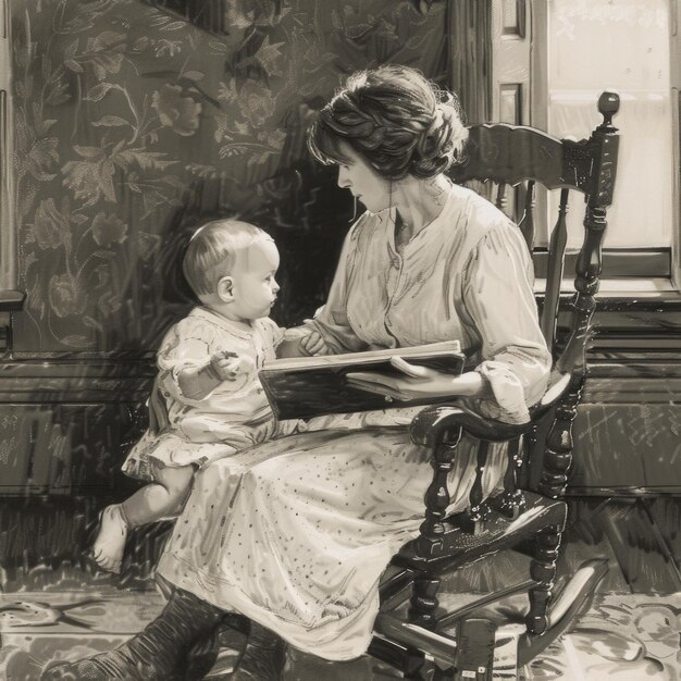 Photo a woman sitting in a rocking chair reading a book to a baby ideal for parenting and education concepts