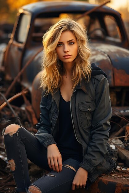 a woman sitting on a rusty truck