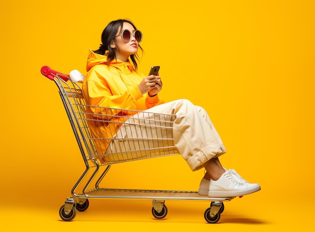 A woman sitting in a shopping cart