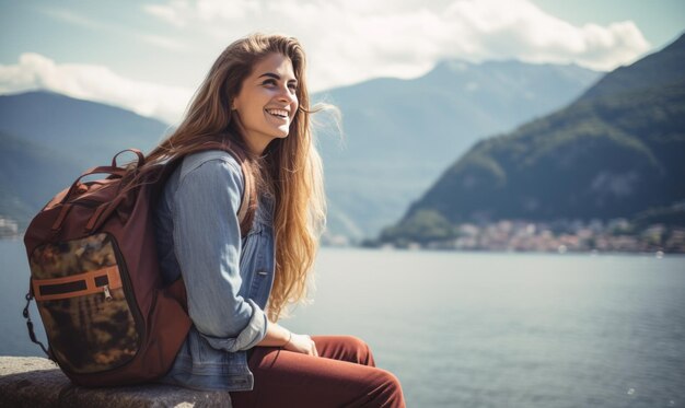 Foto una donna seduta sulla riva del lago como che tiene in mano il suo zaino mentre sorride