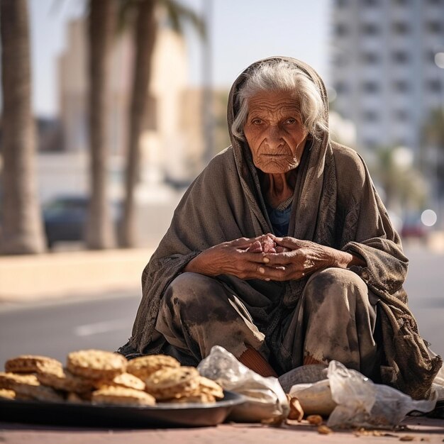 Photo woman sitting on the sidewalk with a plate of cookies