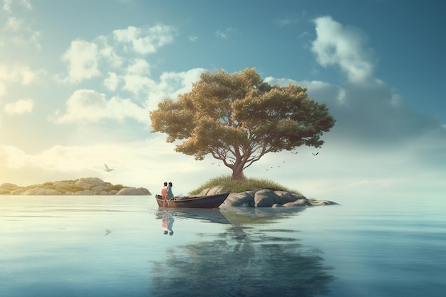 Woman sitting on a small island in the sea with a big tree