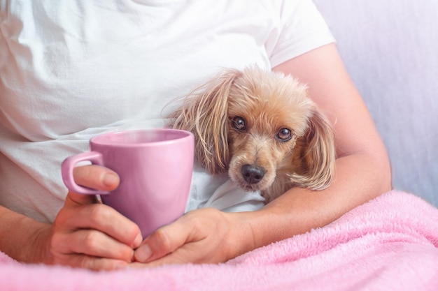 Woman sitting on sofa with hot drink mug and dog