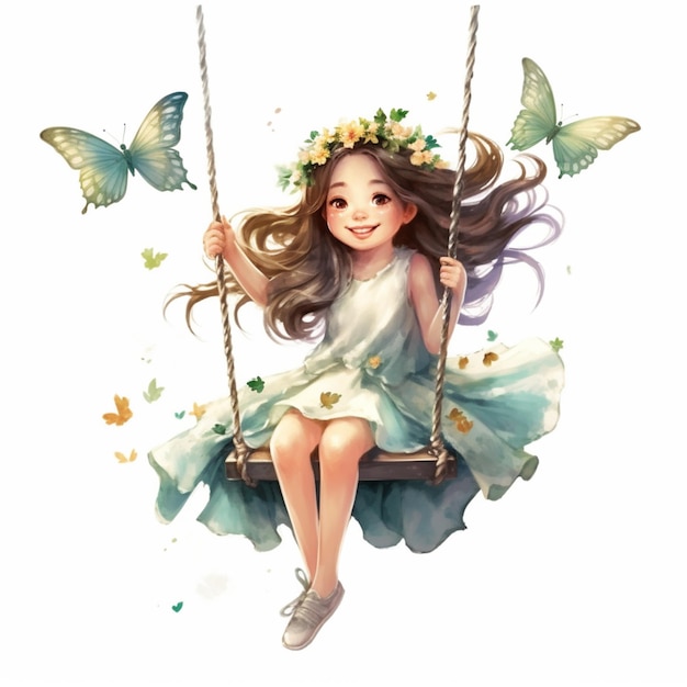 anime girl swinging on a swing with a lot of birds flying around.  generative ai. 28514016 Stock Photo at Vecteezy