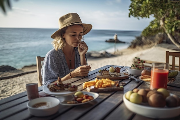 A woman sitting at a table eating food by the