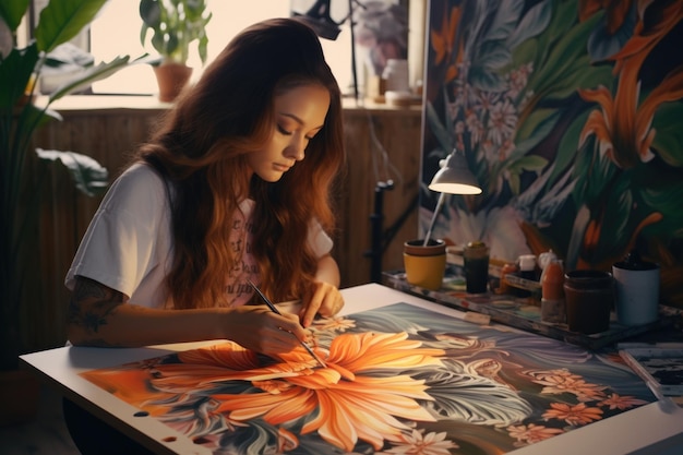 Photo a woman sitting at a table focused on her painting this image can be used to depict creativity art hobbies and passion