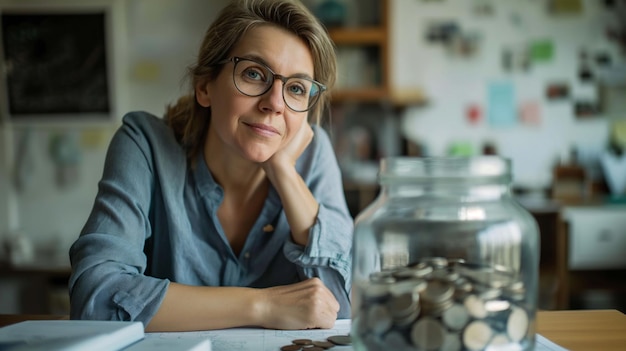 Woman sitting at table in front of jar of coins money Last money from piggy bank financial crisis calculation of family expenses Difficult period of life