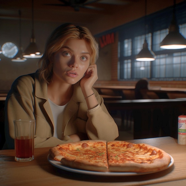 Woman sitting at a table in front of a pizza