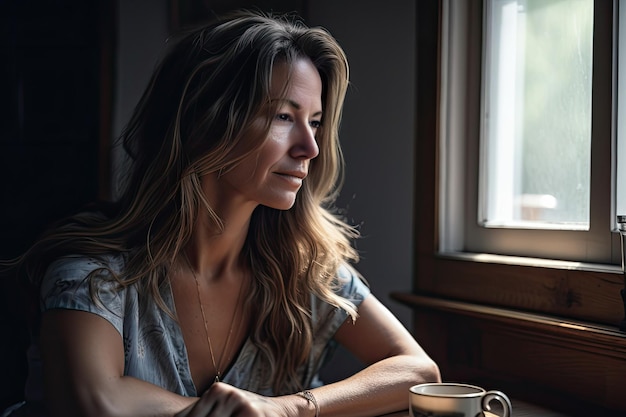 A woman sitting at a table looking out a window