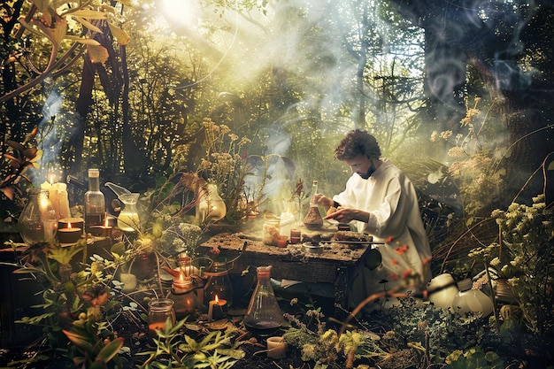 Woman Sitting at Table in Middle of Forest