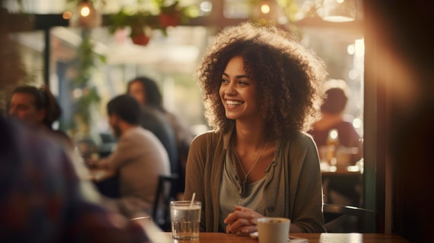 An woman sitting at a table a restaurant